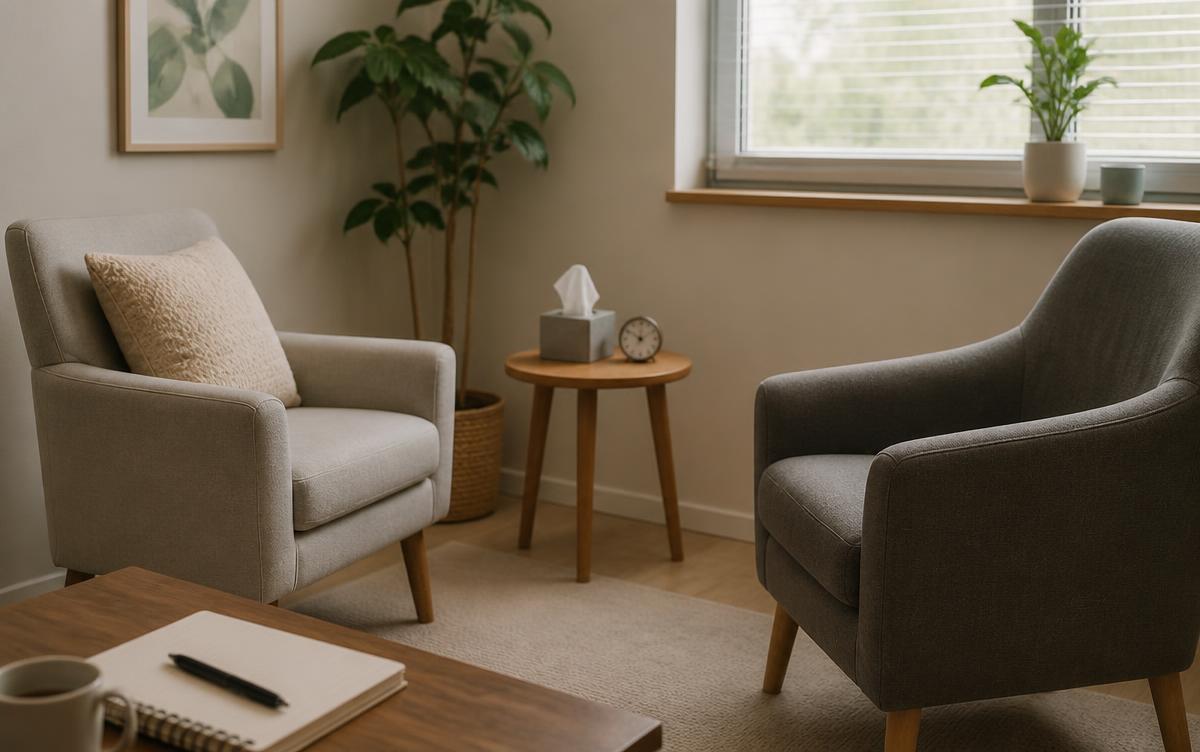 Therapist speaking with a client in a private counselling office