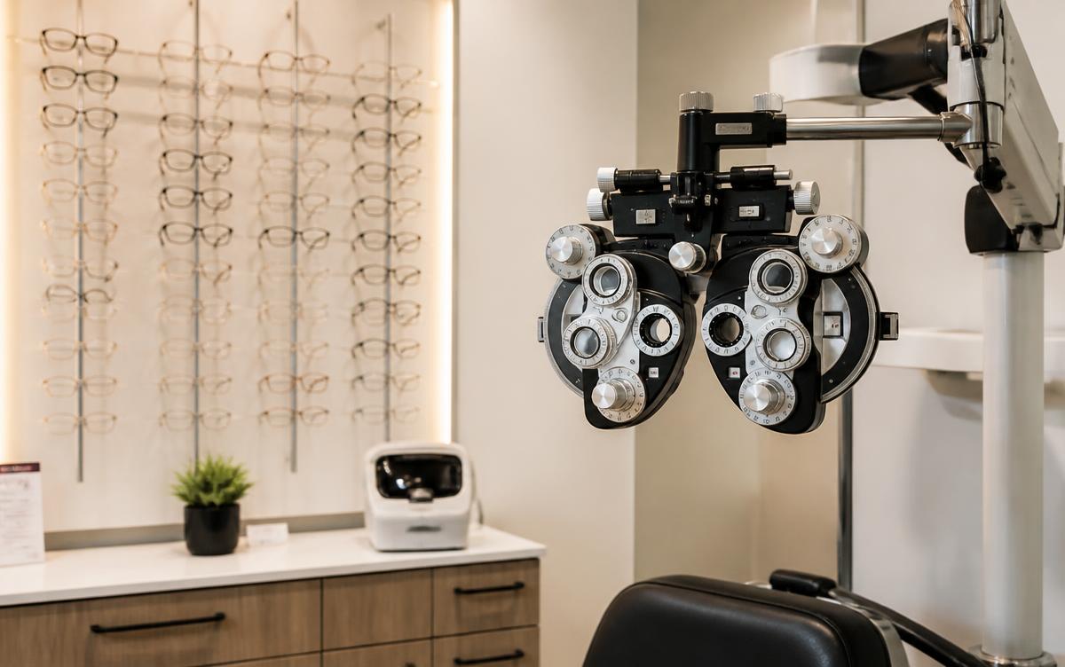 Optometrist performing an eye exam with diagnostic equipment